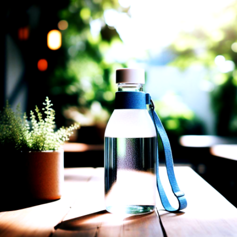 a bottle of water sits on a table next to a plant