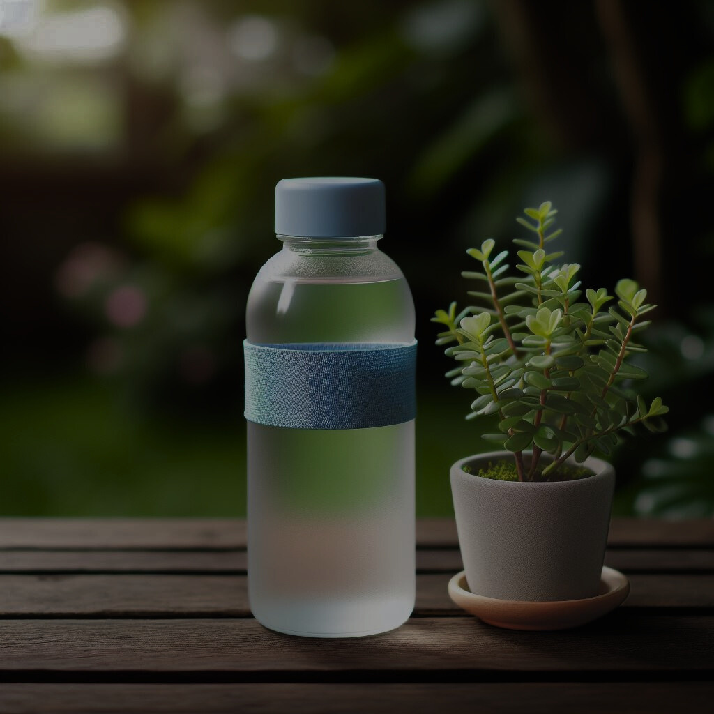 a bottle of water sits next to a potted plant set as page wallpaper